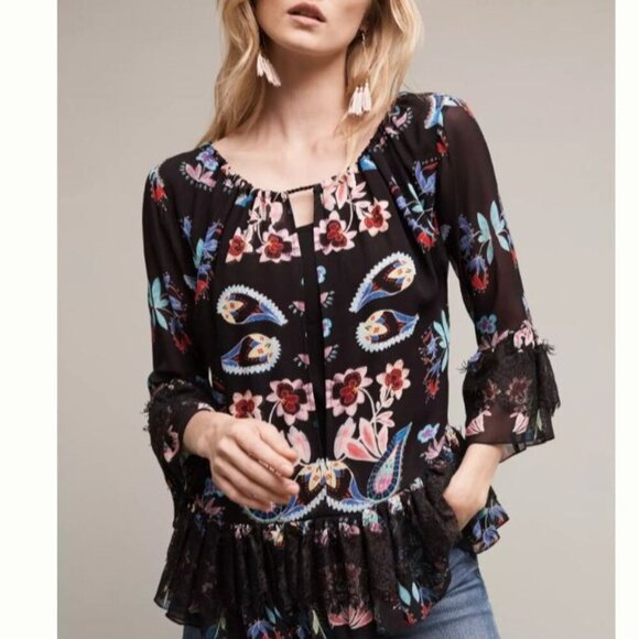 TRYB Silk Blouse XS Black Floral Chiffon Peasant Top Ruffle Lace Anthropologie - Picture 1 of 9